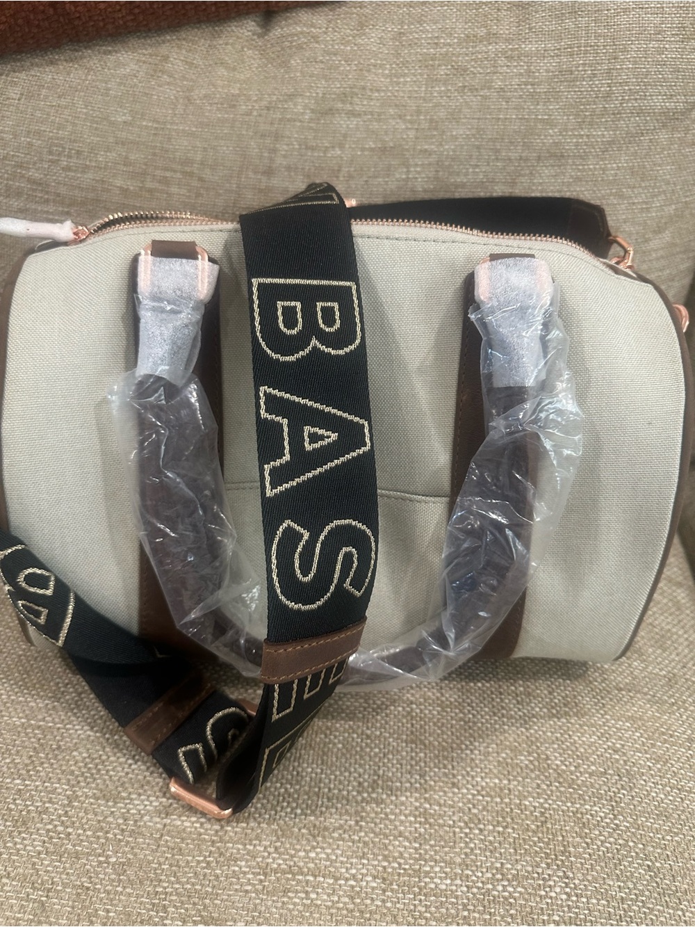 Cream Dome Shoulder Bag with Black Branded Strap